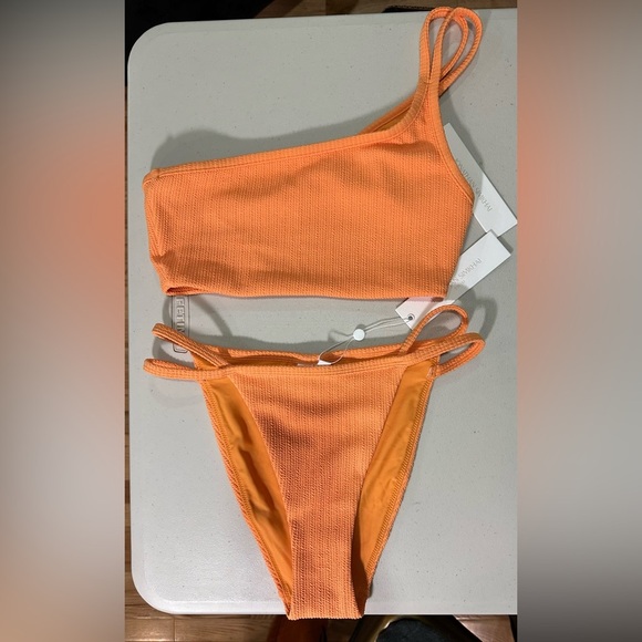 NWT Jonathan Simkhai Umi Textured One Shoulder Bikini Top & Bottom Set Orange XS - Picture 3 of 11